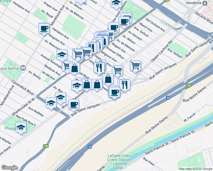 map of restaurants, bars, coffee shops, grocery stores, and more near 2135 Grand Boulevard in Montréal