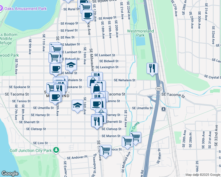 map of restaurants, bars, coffee shops, grocery stores, and more near 1748 Southeast Spokane Street in Portland