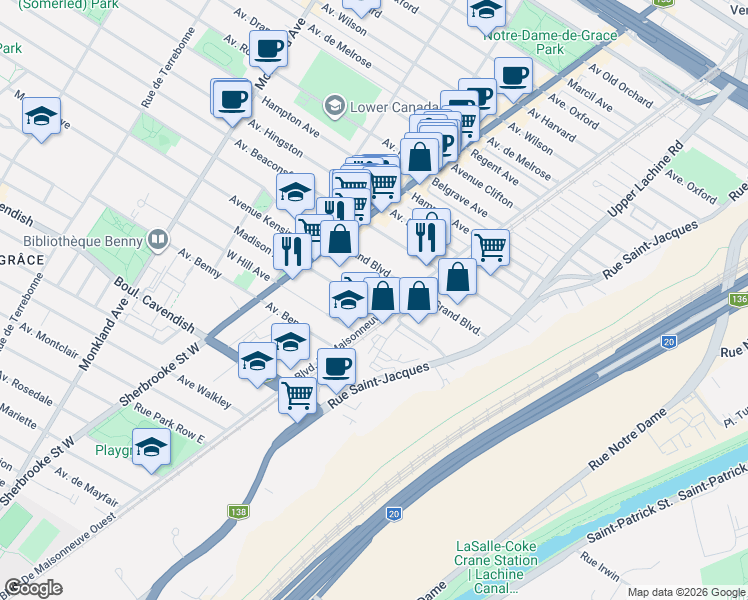 map of restaurants, bars, coffee shops, grocery stores, and more near 2265 Avenue Madison in Montréal