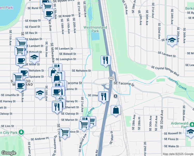 map of restaurants, bars, coffee shops, grocery stores, and more near 2445 Southeast Tacoma Street in Portland