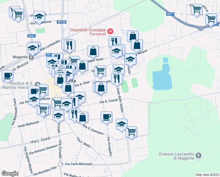 map of restaurants, bars, coffee shops, grocery stores, and more near 11 Via Volturno in Magenta