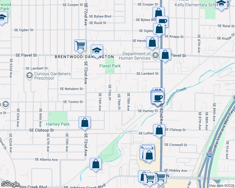 map of restaurants, bars, coffee shops, grocery stores, and more near 7620 SE Crystal Springs Blvd in Portland
