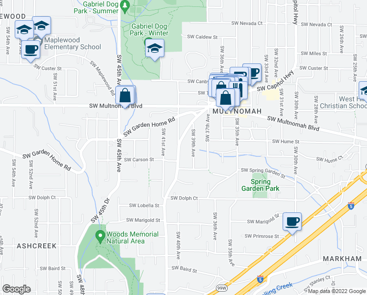 map of restaurants, bars, coffee shops, grocery stores, and more near 8234 Southwest Capitol Highway in Portland