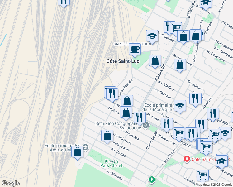 map of restaurants, bars, coffee shops, grocery stores, and more near 7951 Chemin Mackle in Côte Saint-Luc