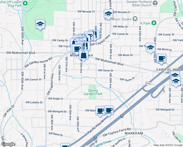 map of restaurants, bars, coffee shops, grocery stores, and more near 3304 Southwest Hume Street in Portland