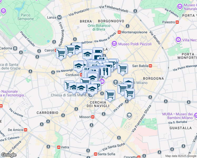 map of restaurants, bars, coffee shops, grocery stores, and more near 1 Via Silvio Pellico in Milano