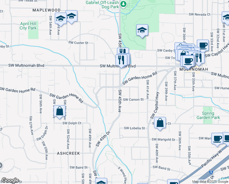 map of restaurants, bars, coffee shops, grocery stores, and more near 8232 Southwest 46th Avenue in Portland