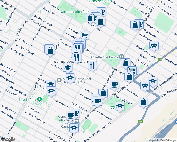 map of restaurants, bars, coffee shops, grocery stores, and more near 6655 Rue de Terrebonne in Montreal