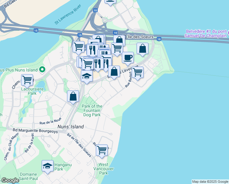 map of restaurants, bars, coffee shops, grocery stores, and more near 201 Rue Terry Fox in Montréal