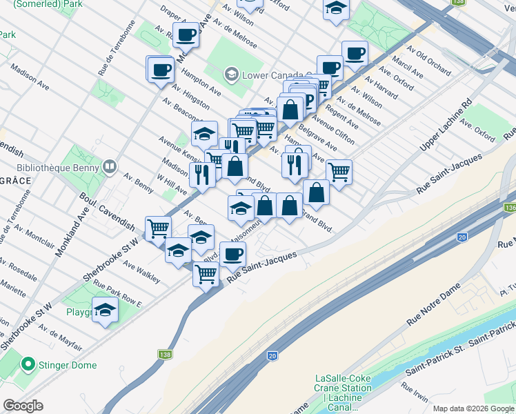 map of restaurants, bars, coffee shops, grocery stores, and more near 2265 Avenue Madison in Montréal