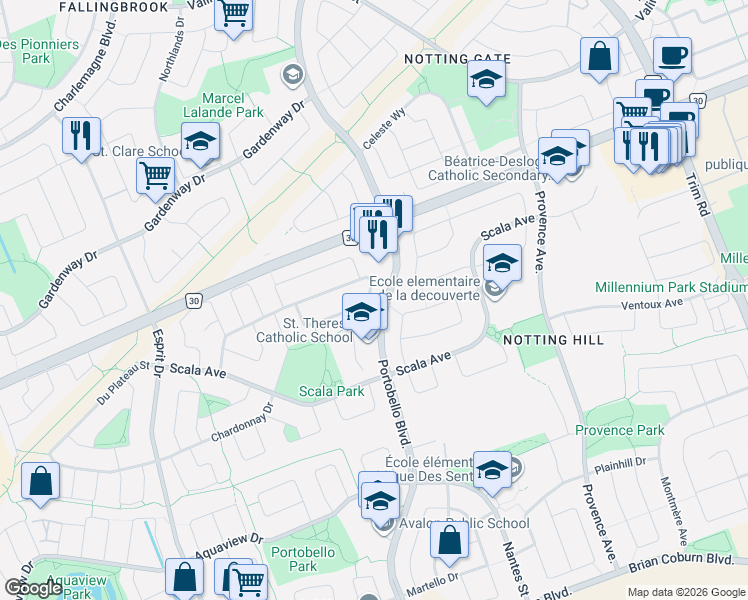 map of restaurants, bars, coffee shops, grocery stores, and more near 1197 Lichen Avenue in Ottawa