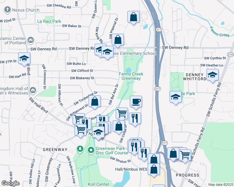 map of restaurants, bars, coffee shops, grocery stores, and more near 7620 Southwest Bel Aire Drive in Beaverton