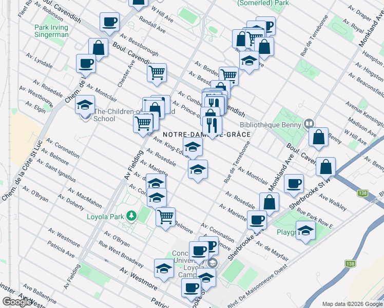 map of restaurants, bars, coffee shops, grocery stores, and more near 6775 Avenue Somerled in Montréal