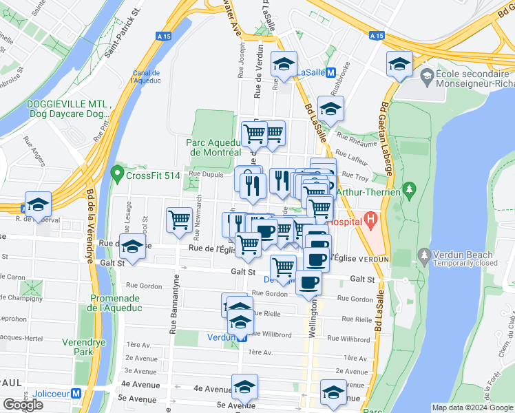 map of restaurants, bars, coffee shops, grocery stores, and more near 548 Rue Hickson in Montréal