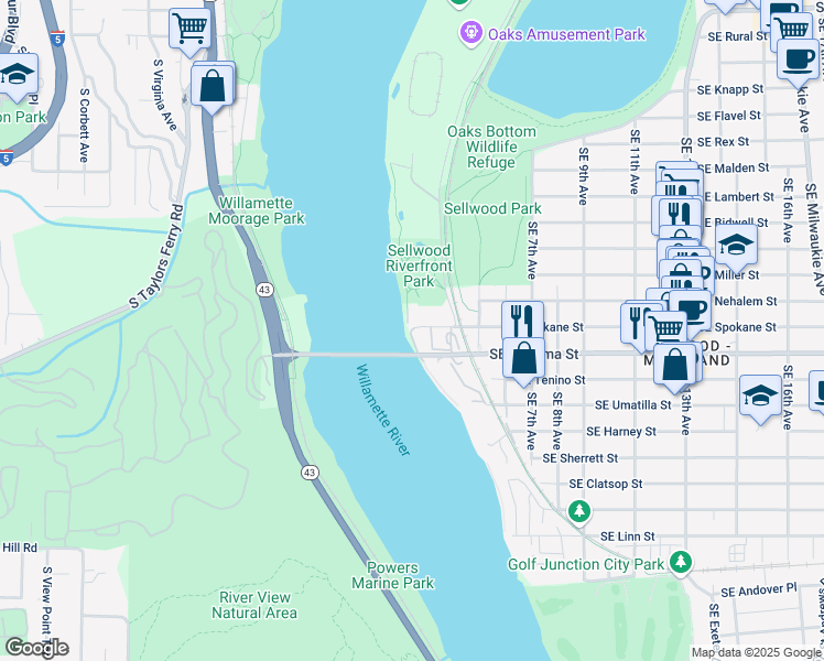 map of restaurants, bars, coffee shops, grocery stores, and more near 9 Oregon Yacht Club in Portland