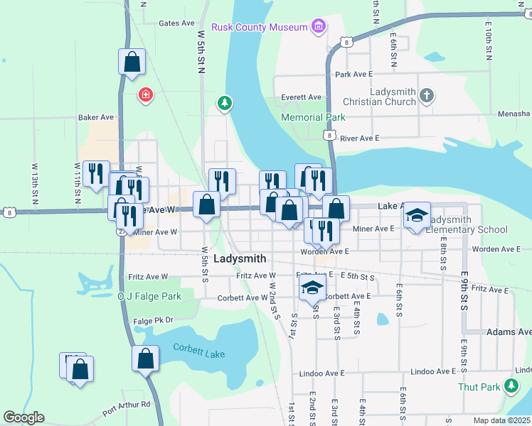 map of restaurants, bars, coffee shops, grocery stores, and more near 200 Lake Avenue West in Ladysmith