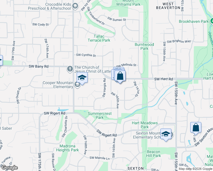 map of restaurants, bars, coffee shops, grocery stores, and more near 16861 Southwest Hargis Road in Beaverton