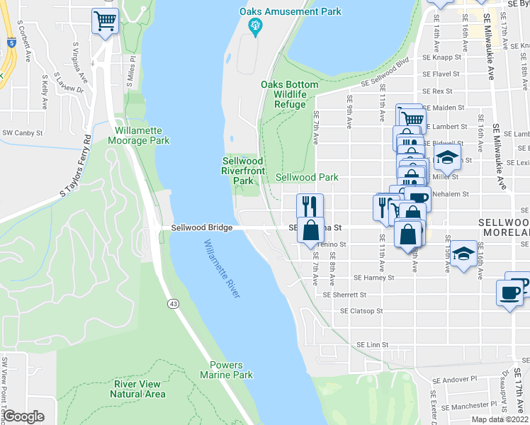 map of restaurants, bars, coffee shops, grocery stores, and more near 340 SE Spokane St in Portland