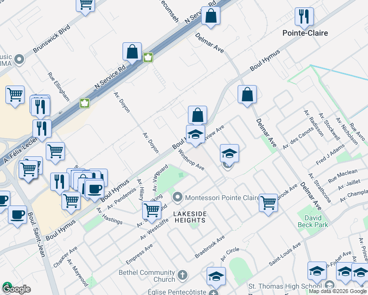 map of restaurants, bars, coffee shops, grocery stores, and more near 153 Winthrop Avenue in Pointe-Claire