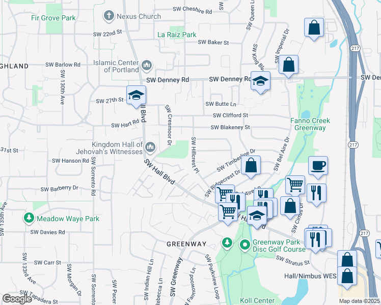 map of restaurants, bars, coffee shops, grocery stores, and more near 7625 Southwest Hillcrest Place in Beaverton