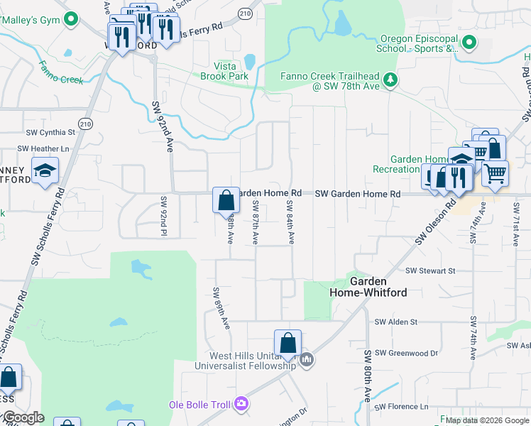 map of restaurants, bars, coffee shops, grocery stores, and more near 8595 Southwest Holly Lane in Portland