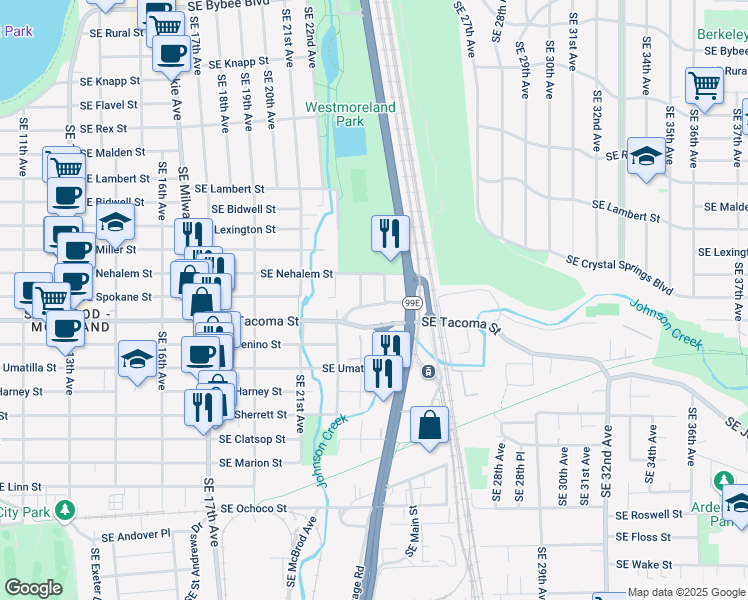 map of restaurants, bars, coffee shops, grocery stores, and more near 2445 Southeast Tacoma Street in Portland