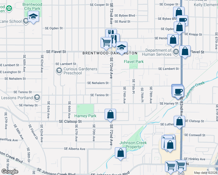 map of restaurants, bars, coffee shops, grocery stores, and more near 7187 Southeast Crystal Springs Boulevard in Portland