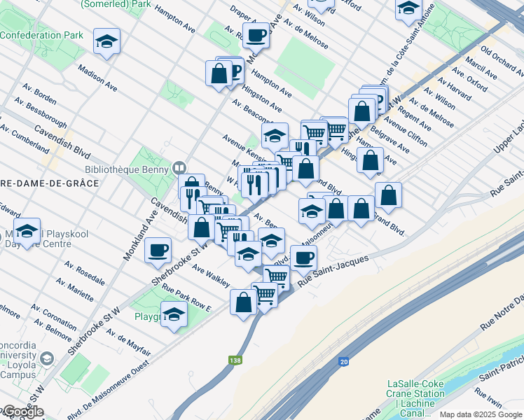 map of restaurants, bars, coffee shops, grocery stores, and more near 6356 Rue Sherbrooke Ouest in Montréal
