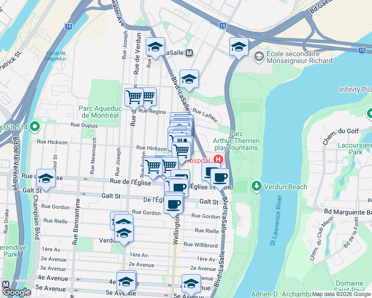 map of restaurants, bars, coffee shops, grocery stores, and more near 235 Rue Hickson in Montréal