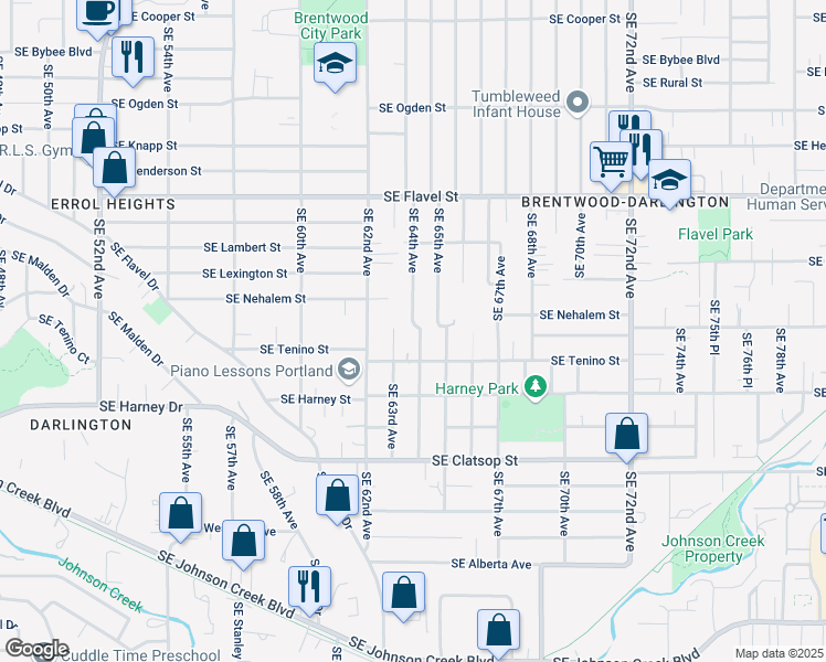 map of restaurants, bars, coffee shops, grocery stores, and more near 8021-8025 Southeast 64th Avenue in Portland