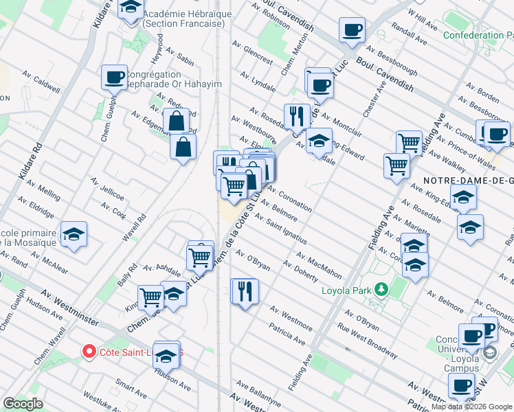 map of restaurants, bars, coffee shops, grocery stores, and more near in Côte Saint-Luc