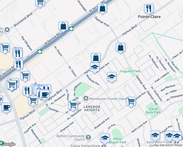 map of restaurants, bars, coffee shops, grocery stores, and more near 149 Avenue Eastview in Pointe-Claire