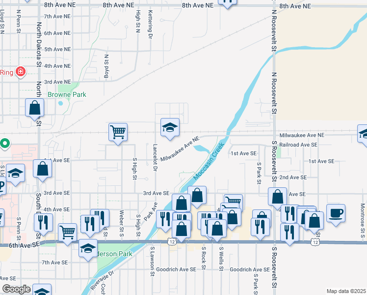 map of restaurants, bars, coffee shops, grocery stores, and more near 1601 Milwaukee Avenue Northeast in Aberdeen