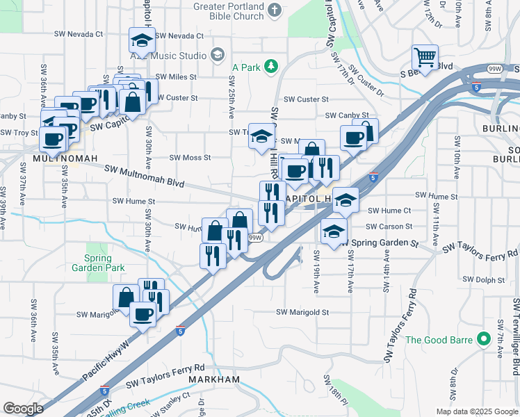 map of restaurants, bars, coffee shops, grocery stores, and more near 8307 Southwest 22nd Avenue in Portland