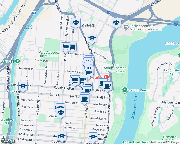 map of restaurants, bars, coffee shops, grocery stores, and more near 235 Rue Hickson in Montréal