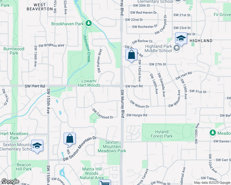 map of restaurants, bars, coffee shops, grocery stores, and more near 14570 Southwest Hart Road in Beaverton
