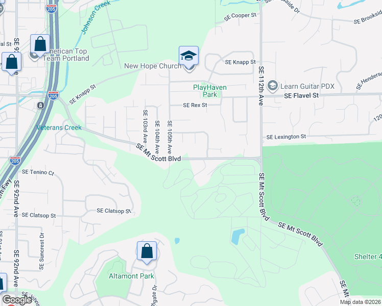 map of restaurants, bars, coffee shops, grocery stores, and more near 10639 Southeast Mount Scott Boulevard in Portland
