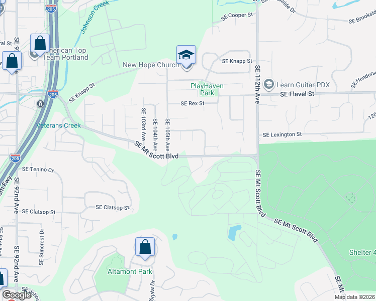 map of restaurants, bars, coffee shops, grocery stores, and more near 10639 Southeast Mount Scott Boulevard in Portland