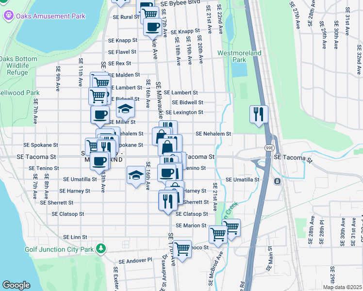 map of restaurants, bars, coffee shops, grocery stores, and more near 1748 Southeast Spokane Street in Portland