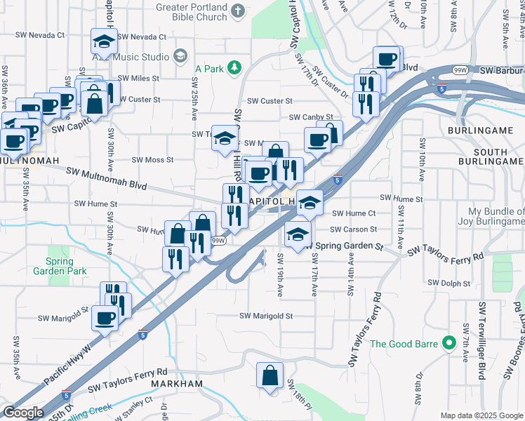 map of restaurants, bars, coffee shops, grocery stores, and more near 1926 Southwest Hume Court in Portland