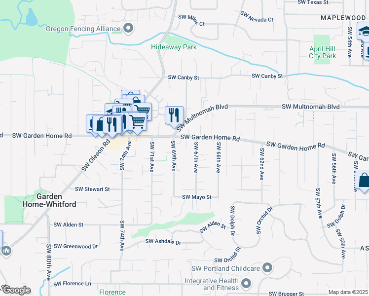 map of restaurants, bars, coffee shops, grocery stores, and more near 6850 Southwest Garden Home Road in Portland