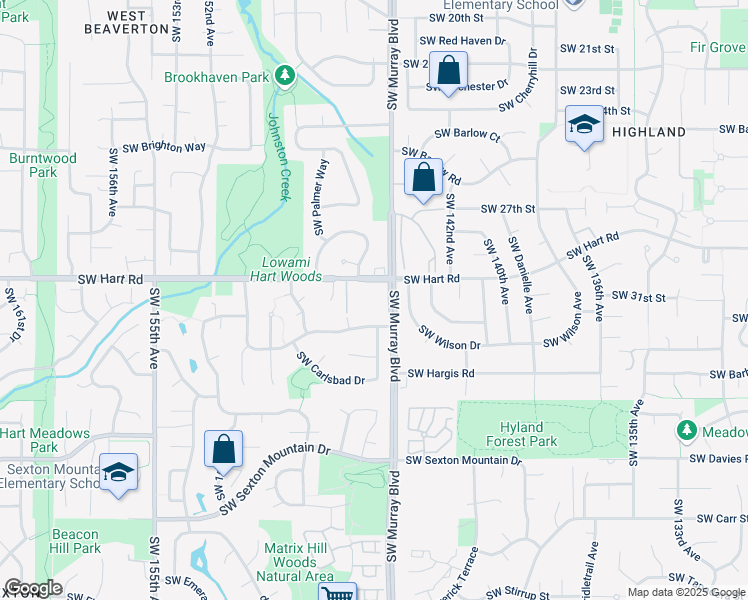 map of restaurants, bars, coffee shops, grocery stores, and more near 14750 Southwest Hart Road in Beaverton