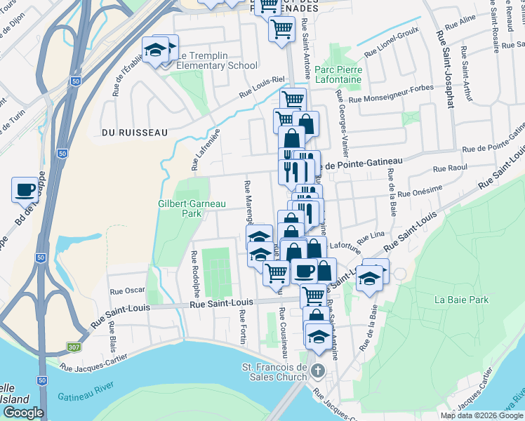 map of restaurants, bars, coffee shops, grocery stores, and more near 97 B Rue Marengère in Gatineau