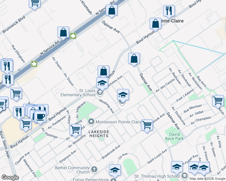 map of restaurants, bars, coffee shops, grocery stores, and more near 5 Avenue de Georgia Crescent in Pointe-Claire