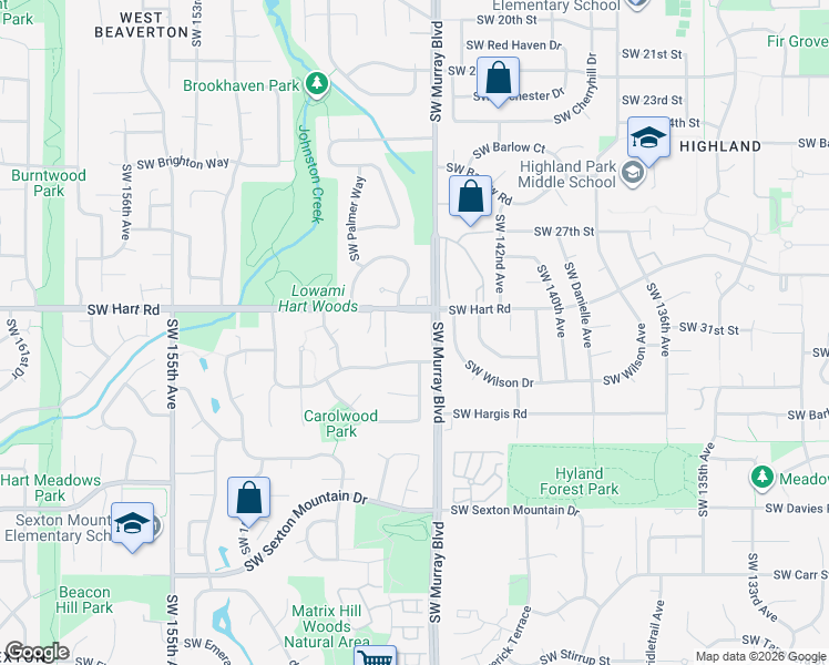 map of restaurants, bars, coffee shops, grocery stores, and more near 14570 Southwest Hart Road in Beaverton
