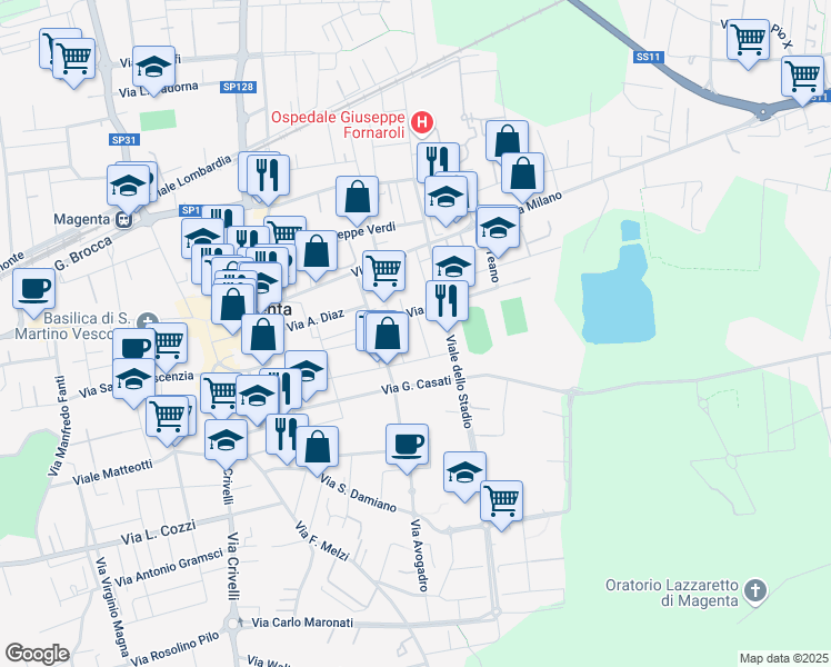 map of restaurants, bars, coffee shops, grocery stores, and more near 11 Via Volturno in Magenta