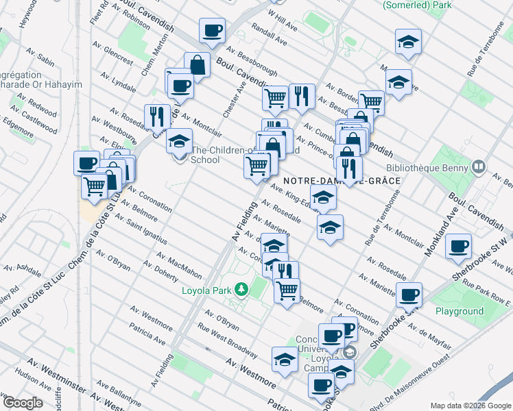 map of restaurants, bars, coffee shops, grocery stores, and more near 6870 Avenue Fielding in Montréal