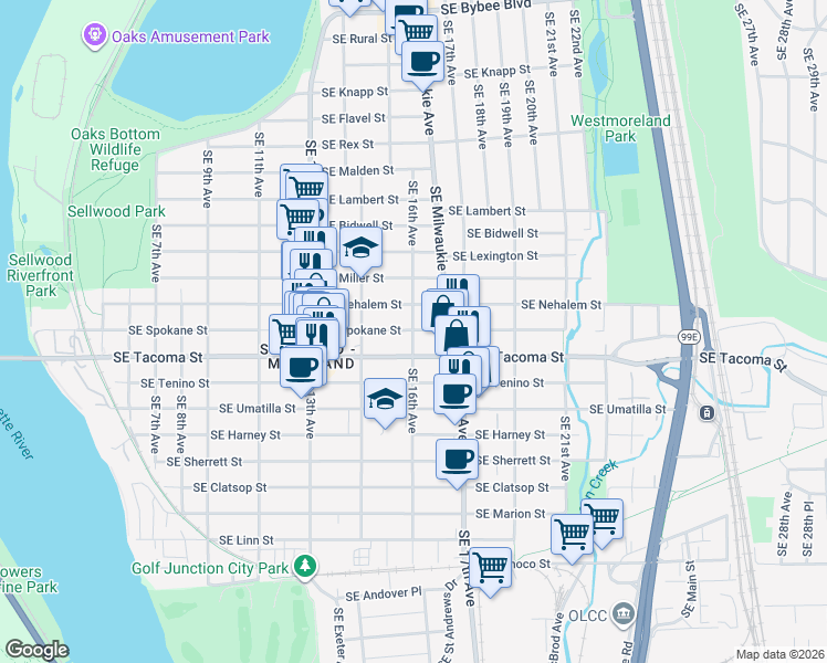 map of restaurants, bars, coffee shops, grocery stores, and more near 1600 Southeast Spokane Street in Portland