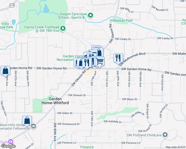map of restaurants, bars, coffee shops, grocery stores, and more near 7605 Southwest 74th Avenue in Portland