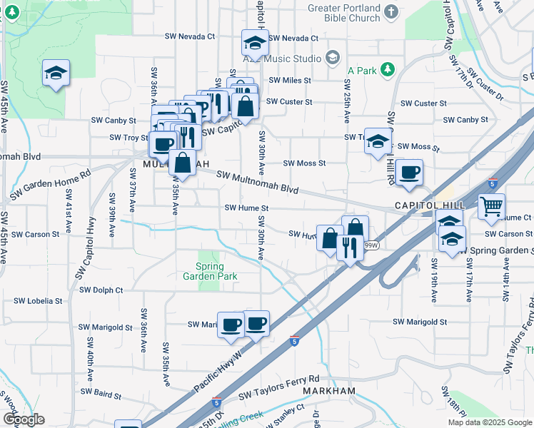 map of restaurants, bars, coffee shops, grocery stores, and more near 8214 Southwest 30th Avenue in Portland